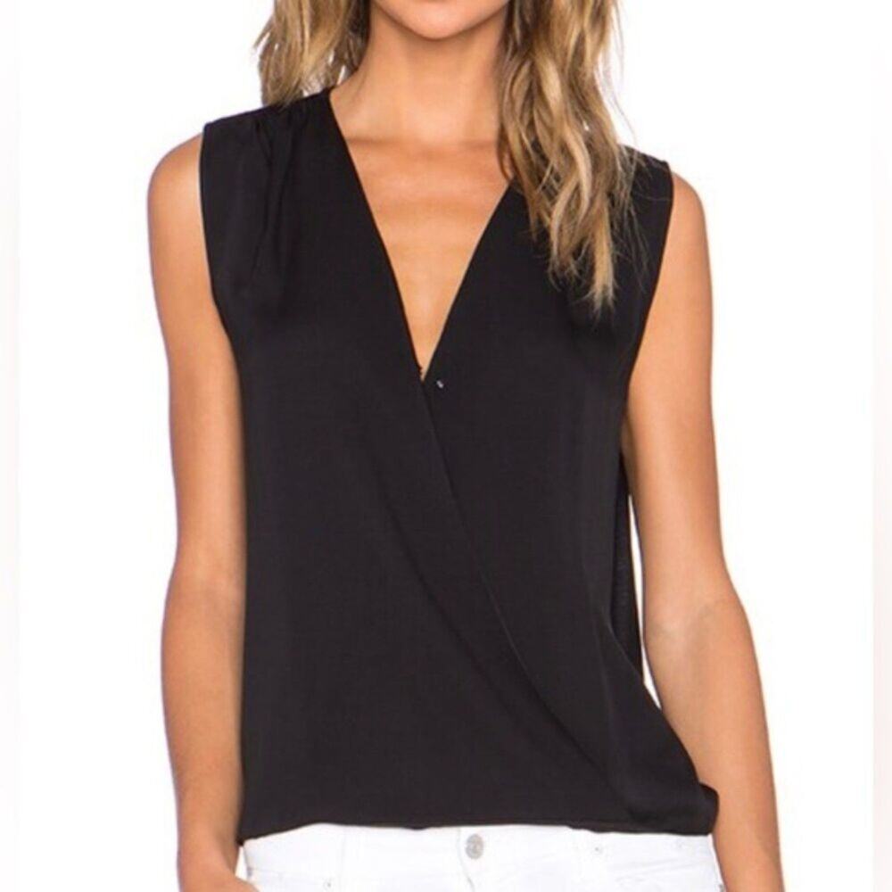 Diane Von Furstenberg Black Silk Sleeveless Faux Wrap Blouse Drape V-Neck Small